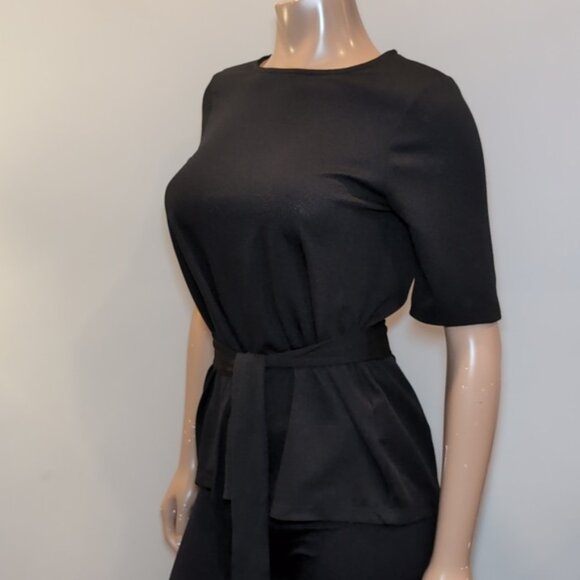 3/$20 Reitmans Tie Waist Blouse Short Sleeve Black Crew Neck Top Size Small - Picture 4 of 11